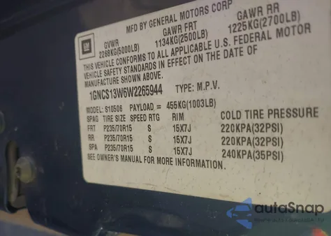 1998 Chevrolet Blazer Lt из США, поврежденный, VIN 1GNCS13W6W2265944